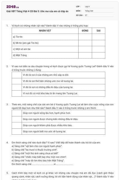 Giải VBT Tiếng Việt 4 CD Bài 5: Ước mơ của em có đáp án