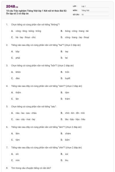 10 câu Trắc nghiệm Tiếng Việt lớp 1 Kết nối tri thức Bài 82: Ôn tập số 2 có đáp án