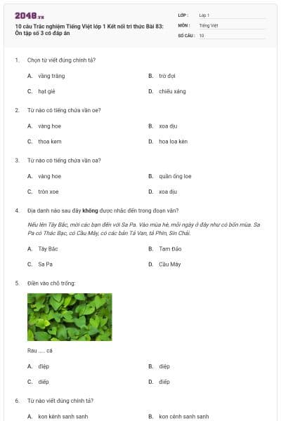 10 câu Trắc nghiệm Tiếng Việt lớp 1 Kết nối tri thức Bài 83: Ôn tập số 3 có đáp án