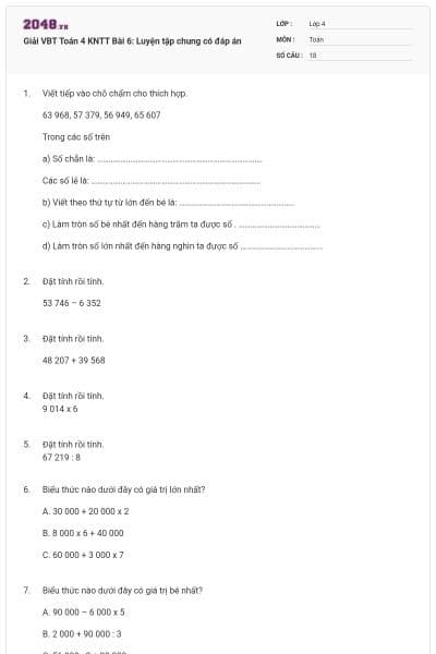 Giải VBT Toán 4 KNTT Bài 6: Luyện tập chung có đáp án