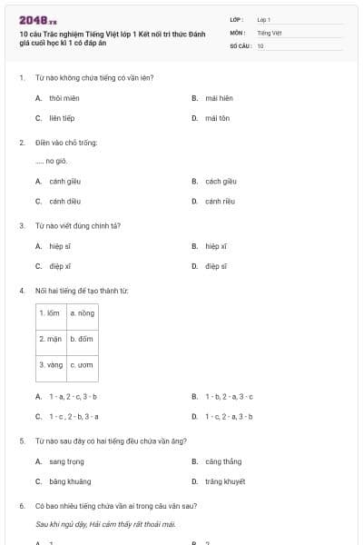 10 câu Trắc nghiệm Tiếng Việt lớp 1 Kết nối tri thức Đánh giá cuối học kì 1 có đáp án