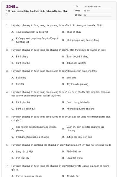 100+ câu trắc nghiệm Ẩm thực và du lịch có đáp án - Phần 1