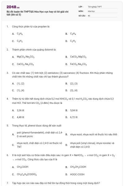 Bộ đề  luyện thi THPTQG Hóa Học cực hay có lời giải chi tiết (Đề số 5)