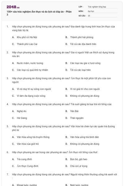 100+ câu trắc nghiệm Ẩm thực và du lịch có đáp án - Phần 3