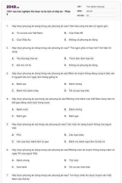 100+ câu trắc nghiệm Ẩm thực và du lịch có đáp án - Phần 4