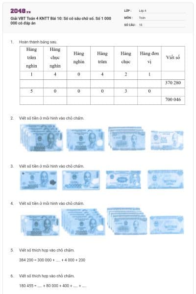 Giải VBT Toán 4 KNTT Bài 10: Số có sáu chữ số. Số 1 000 000 có đáp án