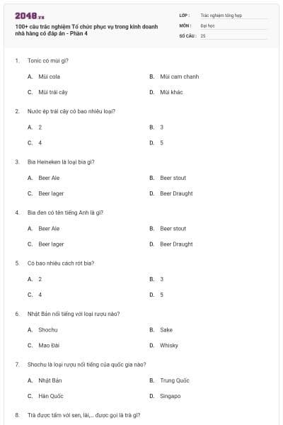 100+ câu trắc nghiệm Tổ chức phục vụ trong kinh doanh nhà hàng có đáp án - Phần 4