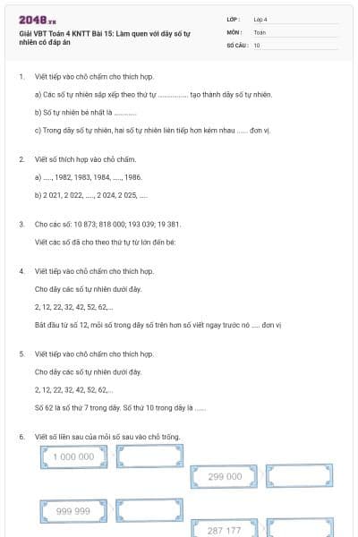 Giải VBT Toán 4 KNTT Bài 15: Làm quen với dãy số tự nhiên có đáp án
