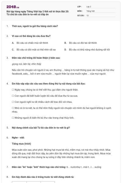 Bài tập hàng ngày Tiếng Việt lớp 2 Kết nối tri thức Bài 20: Từ chú bồ câu đến in-tơ-nét có đáp án