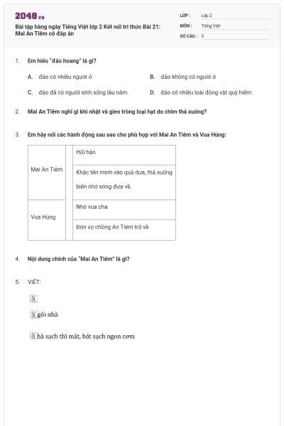Bài tập hàng ngày Tiếng Việt lớp 2 Kết nối tri thức Bài 21: Mai An Tiêm có đáp án