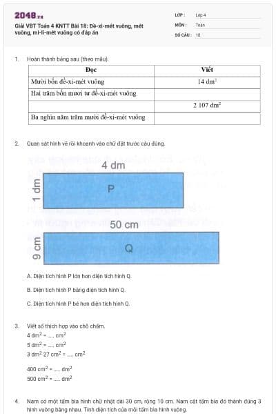 Giải VBT Toán 4 KNTT Bài 18: Đề-xi-mét vuông, mét vuông, mi-li-mét vuông có đáp án