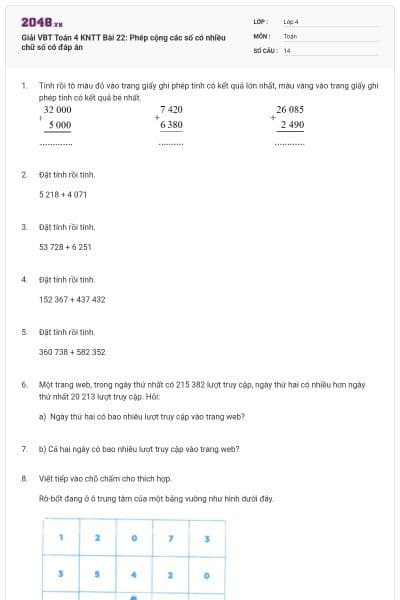 Giải VBT Toán 4 KNTT Bài 22: Phép cộng các số có nhiều chữ số có đáp án