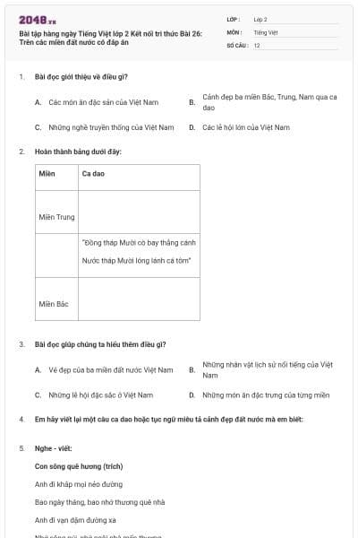 Bài tập hàng ngày Tiếng Việt lớp 2 Kết nối tri thức Bài 26: Trên các miền đất nước có đáp án