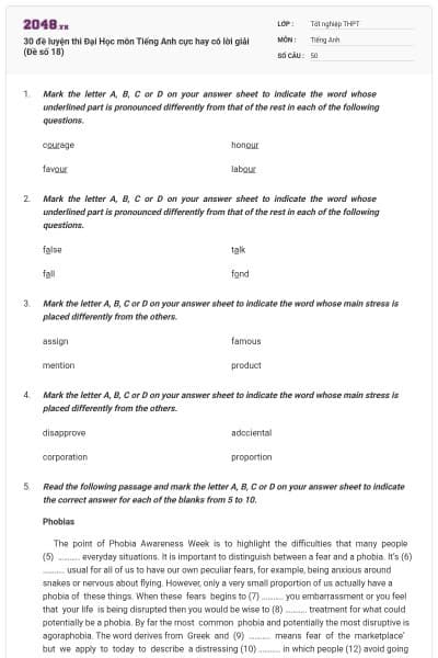 30 đề luyện thi Đại Học môn Tiếng Anh cực hay có lời giải (Đề số 18)