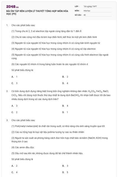 BÀI ÔN TẬP RÈN LUYỆN LÝ THUYẾT TỔNG HỢP MÔN HÓA HỌC (P9)