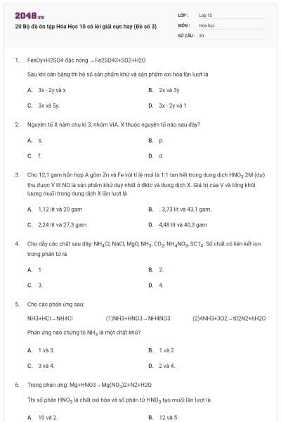 20 Bộ đề ôn tập Hóa Học 10 có lời giải cực hay (Đề số 3)