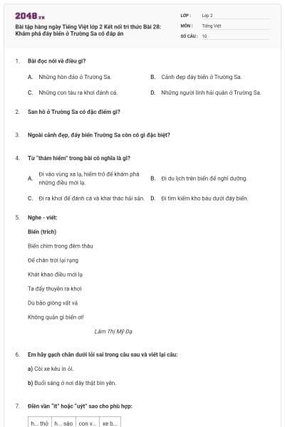 Bài tập hàng ngày Tiếng Việt lớp 2 Kết nối tri thức Bài 28: Khám phá đáy biển ở Trường Sa có đáp án
