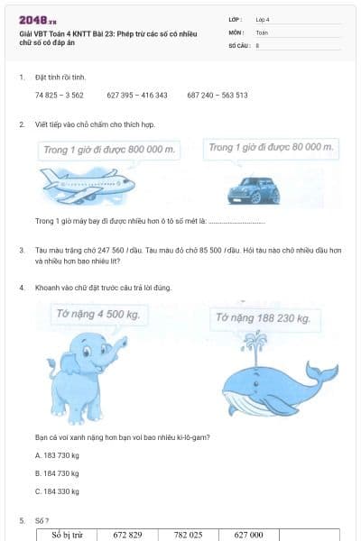 Giải VBT Toán 4 KNTT Bài 23: Phép trừ các số có nhiều chữ số có đáp án