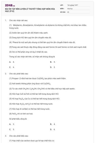 BÀI ÔN TẬP RÈN LUYỆN LÝ THUYẾT TỔNG HỢP MÔN HÓA HỌC (P10)