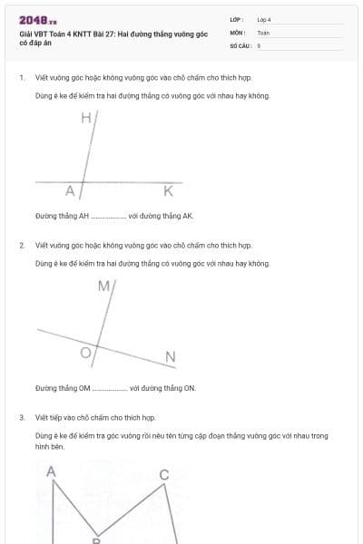 Giải VBT Toán 4 KNTT Bài 27: Hai đường thẳng vuông góc có đáp án