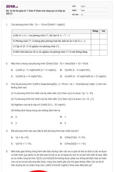 Bộ 10 đề thi giữa kì 1 Toán 9 Chân trời sáng tạo có đáp án (Đề 2)