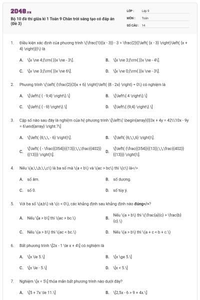 Bộ 10 đề thi giữa kì 1 Toán 9 Chân trời sáng tạo có đáp án (Đề 3)