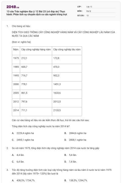 13 câu Trắc nghiệm Địa Lí 12 Bài 23 (có đáp án) Thực hành: Phân tích sự chuyển dịch cơ cấu ngành trồng trọt