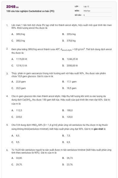 100 câu trắc nghiệm Cacbohidrat cơ bản (P5)
