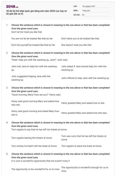30 đề thi thử thpt quốc gia tiếng anh năm 2020 cực hay có lời giải (Đề số 6)