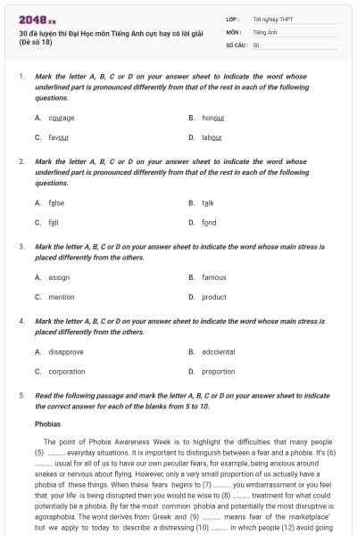 30 đề luyện thi Đại Học môn Tiếng Anh cực hay có lời giải (Đề số 18)