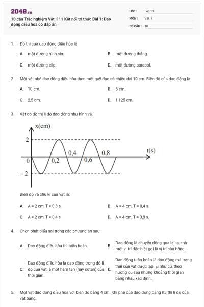 10 câu Trắc nghiệm Vật lí 11 Kết nối tri thức Bài 1: Dao động điều hòa có đáp án
