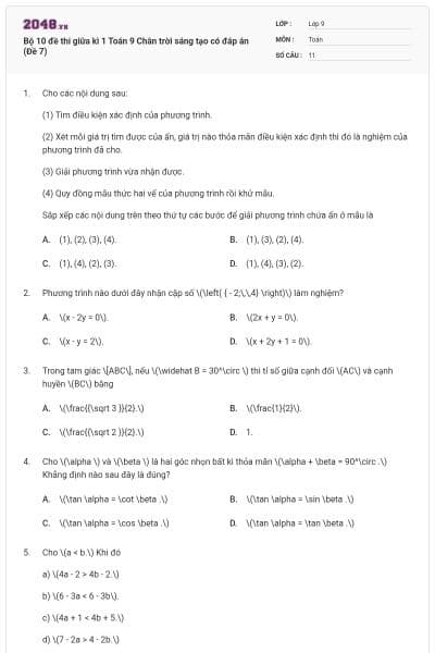 Bộ 10 đề thi giữa kì 1 Toán 9 Chân trời sáng tạo có đáp án (Đề 7)