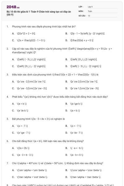 Bộ 10 đề thi giữa kì 1 Toán 9 Chân trời sáng tạo có đáp án (Đề 9)