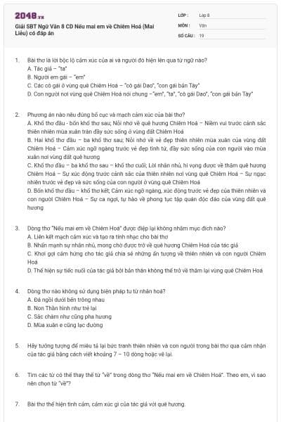 Giải SBT Ngữ Văn 8 CD Nếu mai em về Chiêm Hoá (Mai Liễu) có đáp án