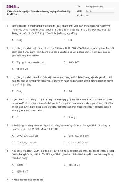 100+ câu trắc nghiệm Giao dịch thương mại quốc tế có đáp án - Phần 1
