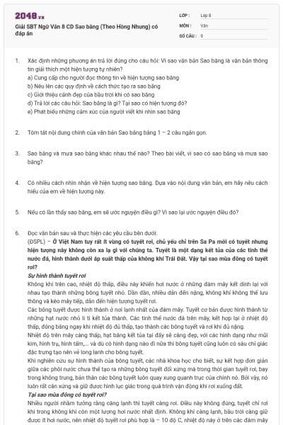 Giải SBT Ngữ Văn 8 CD Sao băng (Theo Hồng Nhung) có đáp án