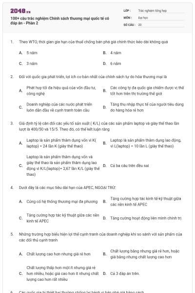100+ câu trắc nghiệm Chính sách thương mại quốc tế có đáp án - Phần 2