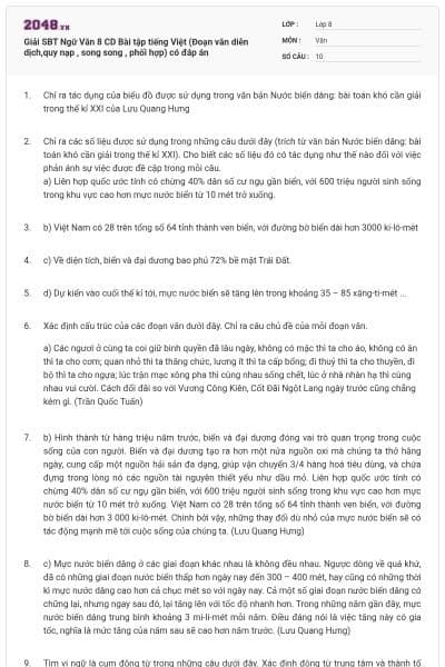 Giải SBT Ngữ Văn 8 CD Bài tập tiếng Việt (Đoạn văn diễn dịch,quy nạp , song song , phối hợp) có đáp án