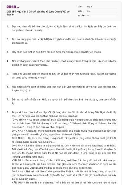 Giải SBT Ngữ Văn 8 CD Đổi tên cho xã (Lưu Quang Vũ) có đáp án