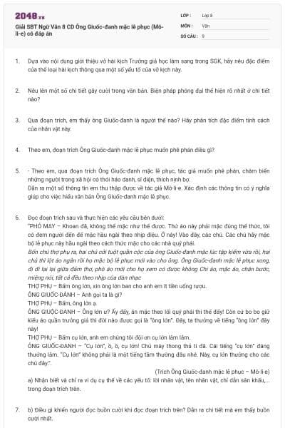 Giải SBT Ngữ Văn 8 CD Ông Giuốc-đanh mặc lễ phục (Mô-li-e) có đáp án