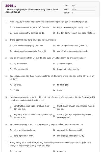 15 câu trắc nghiệm Lịch sử 9 Chân trời sáng tạo Bài 12 có đáp án (Phần 2)