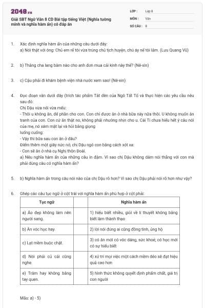 Giải SBT Ngữ Văn 8 CD Bài tập tiếng Việt (Nghĩa tường minh và nghĩa hàm ẩn) có đáp án