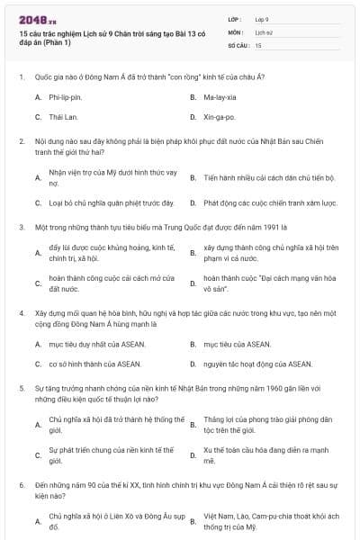 15 câu trắc nghiệm Lịch sử 9 Chân trời sáng tạo Bài 13 có đáp án (Phần 1)