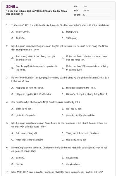 15 câu trắc nghiệm Lịch sử 9 Chân trời sáng tạo Bài 13 có đáp án (Phần 4)