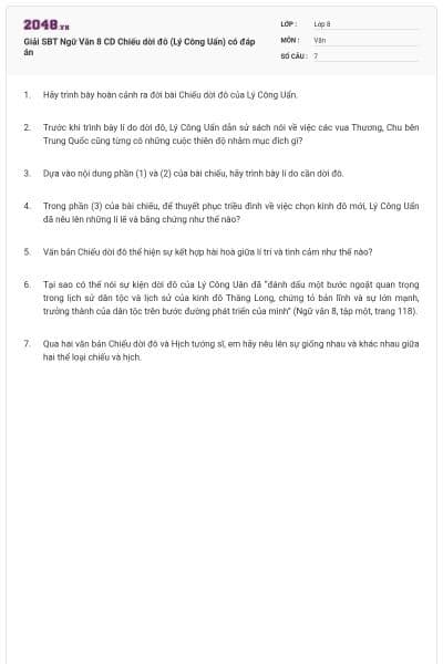Giải SBT Ngữ Văn 8 CD Chiếu dời đô (Lý Công Uẩn) có đáp án
