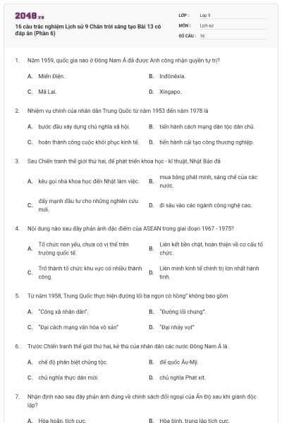 16 câu trắc nghiệm Lịch sử 9 Chân trời sáng tạo Bài 13 có đáp án (Phần 6)