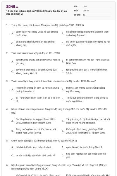 10 câu trắc nghiệm Lịch sử 9 Chân trời sáng tạo Bài 21 có đáp án (Phần 2)