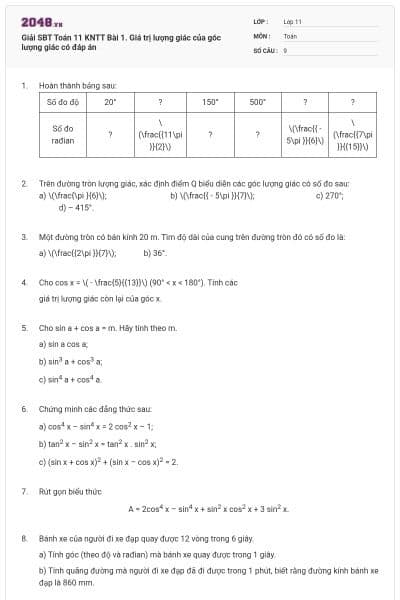Giải SBT Toán 11 KNTT Bài 1. Giá trị lượng giác của góc lượng giác có đáp án