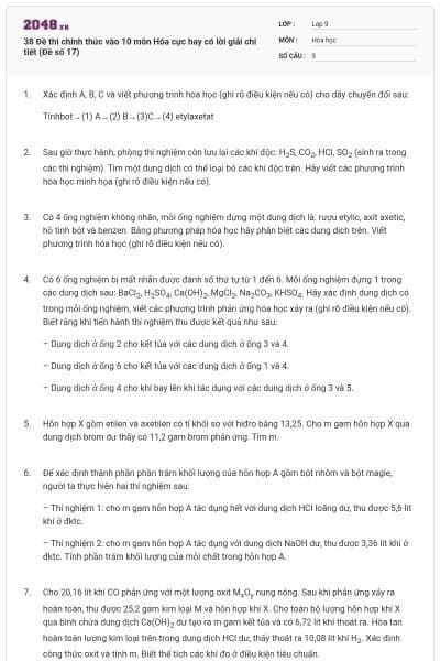 38 Đề thi chính thức vào 10 môn Hóa cực hay có lời giải chi tiết (Đề số 17)