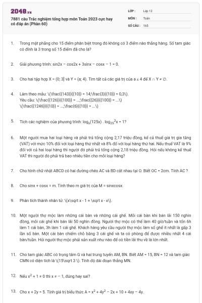7881 câu  Trắc nghiệm tổng hợp môn Toán 2023 cực hay có đáp án (Phần 60)